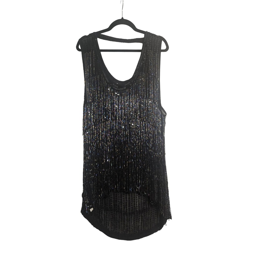 Free People Black Beaded Sequin High Low Tank Top Iridescent Bugle Beads Large - Picture 1 of 4